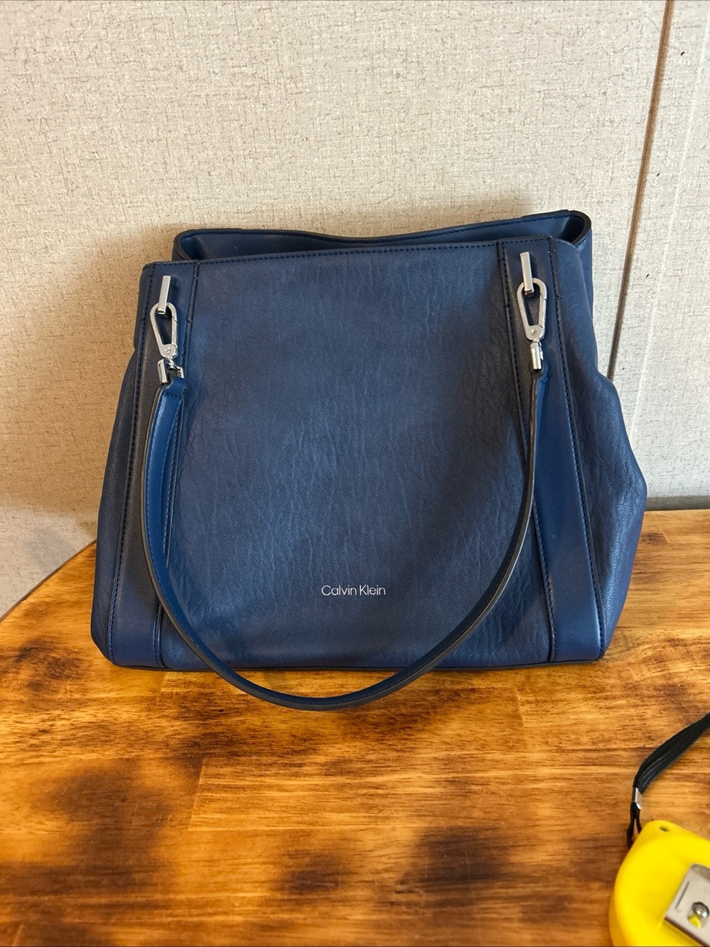 Calvin Klein Navy Leather Tote with Silver Hardware
